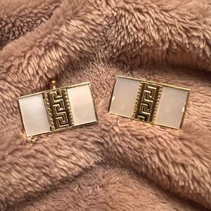 VINTAGE Gold-Toned and Pearl White Rectangular Cuff Links with Greek Pattern